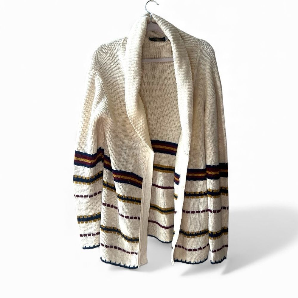 Westbury Shawl collar Cardigan Sz ML White w/ Burgundy Blue Yellow Stripes Vtg